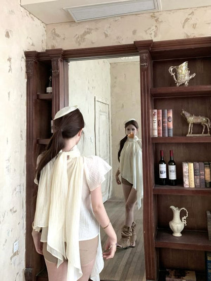 Asymmetric Top with Flutter Sleeves and Stand Collar