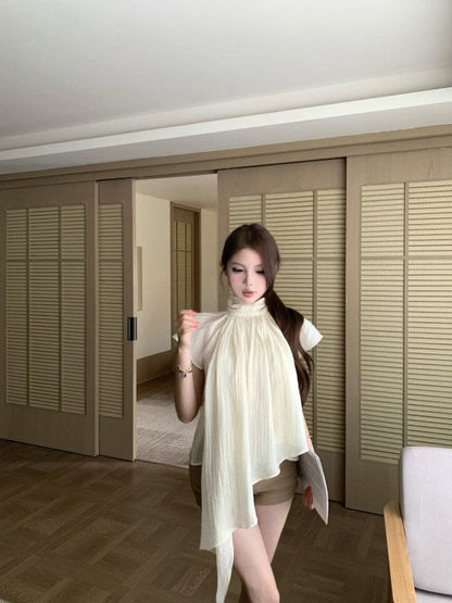Asymmetric Top with Flutter Sleeves and Stand Collar