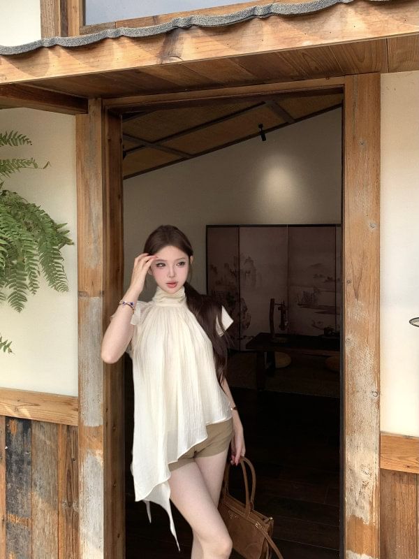 Asymmetric Top with Flutter Sleeves and Stand Collar