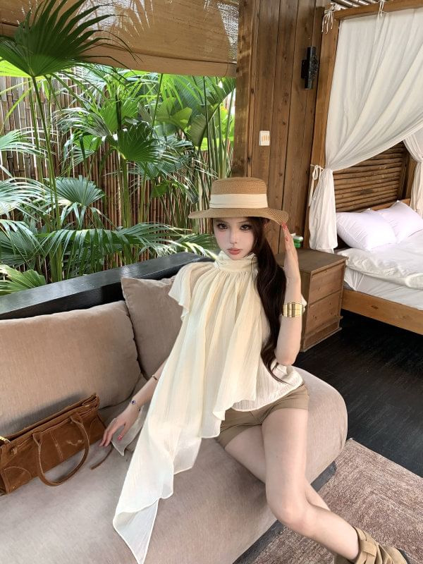 Asymmetric Top with Flutter Sleeves and Stand Collar