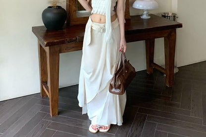 One-Shoulder Ruched Crop Top with Belted Maxi Skirt