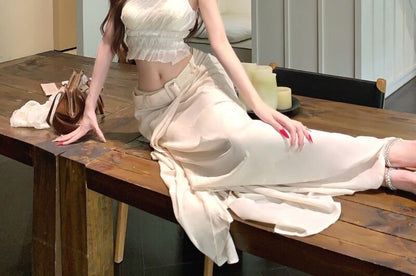 One-Shoulder Ruched Crop Top with Belted Maxi Skirt