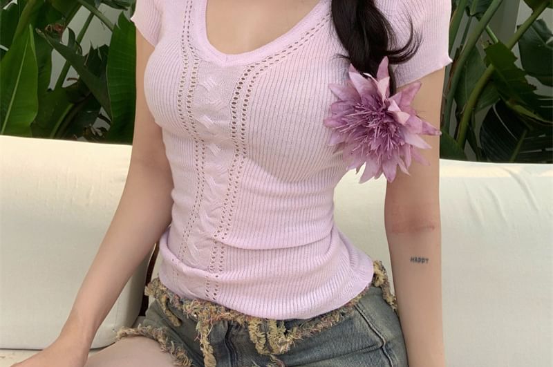 Ribbed V-Neck Knit Top with Short Sleeves