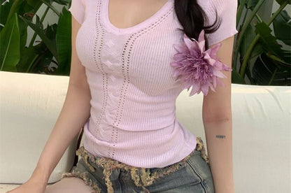 Ribbed V-Neck Knit Top with Short Sleeves