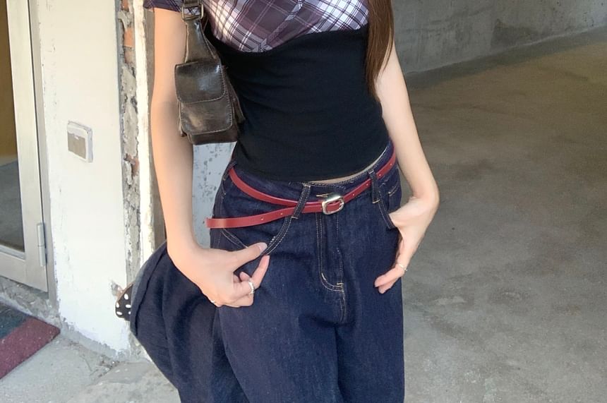 Plaid Wrap V-Neck Tee with Short Sleeves