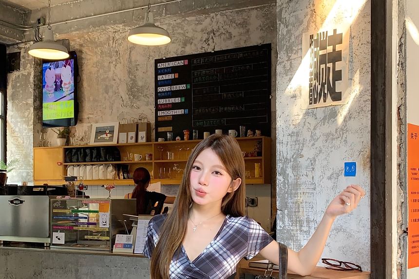 Plaid Wrap V-Neck Tee with Short Sleeves