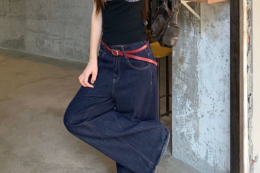 Plaid Wrap V-Neck Tee with Short Sleeves