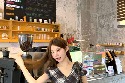 Plaid Wrap V-Neck Tee with Short Sleeves