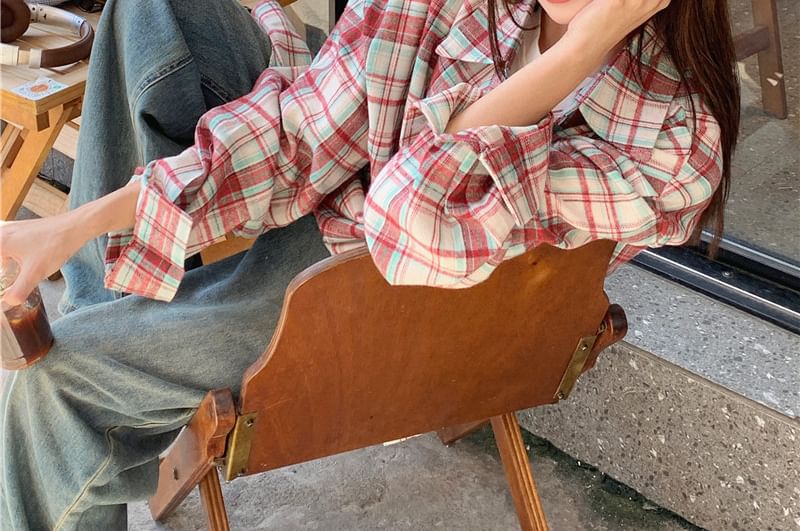 Oversized Plaid Collared Button-Down Shirt