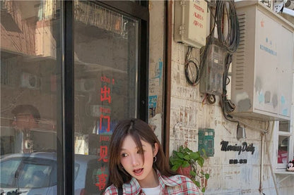 Oversized Plaid Collared Button-Down Shirt