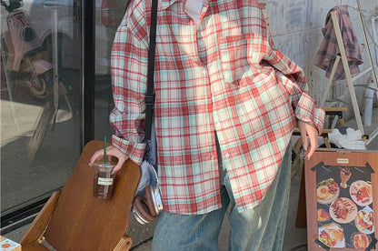 Oversized Plaid Collared Button-Down Shirt