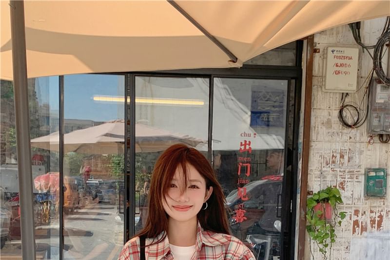 Oversized Plaid Collared Button-Down Shirt