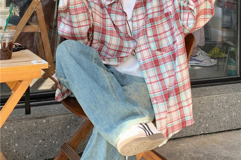 Oversized Plaid Collared Button-Down Shirt