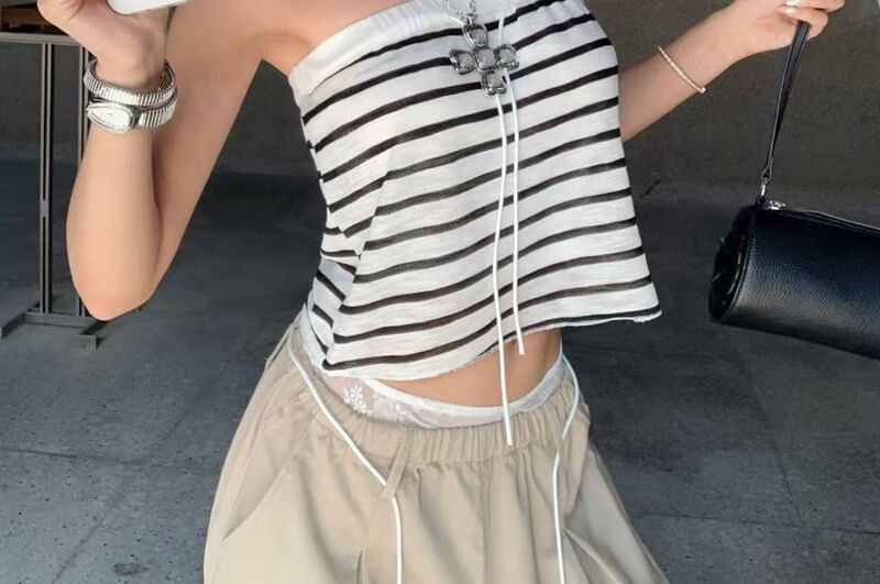 Striped Off-Shoulder Crop Tube Top