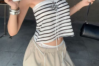 Striped Off-Shoulder Crop Tube Top