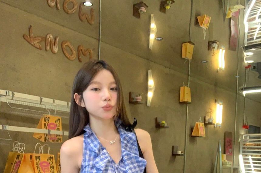 Ruffle-Trim Plaid V-Neck Sleeveless Top