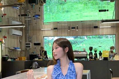 Ruffle-Trim Plaid V-Neck Sleeveless Top