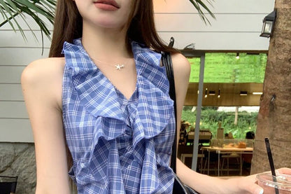 Ruffle-Trim Plaid V-Neck Sleeveless Top