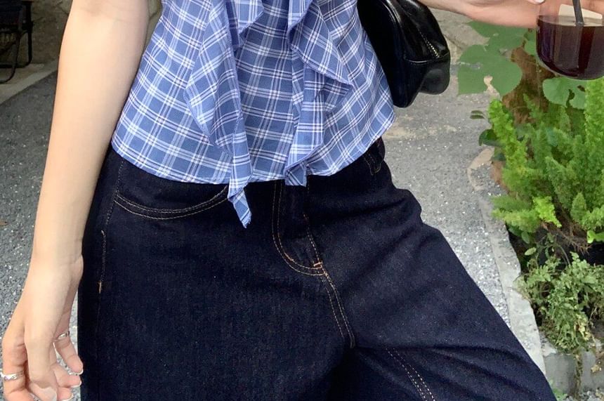 Ruffle-Trim Plaid V-Neck Sleeveless Top
