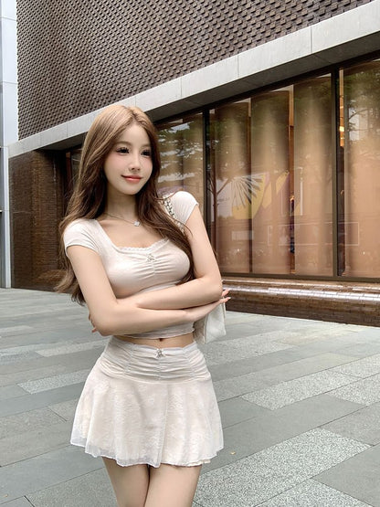 Lace-Trim Crop Tee with A-Line Mini Skirt