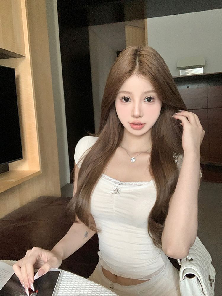 Lace-Trim Crop Tee with A-Line Mini Skirt