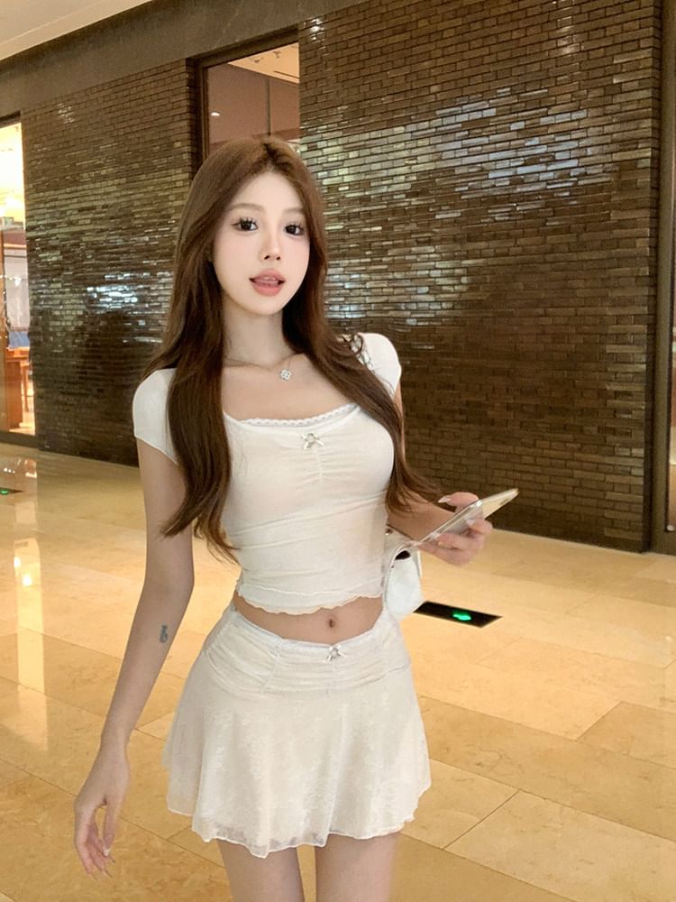 Lace-Trim Crop Tee with A-Line Mini Skirt