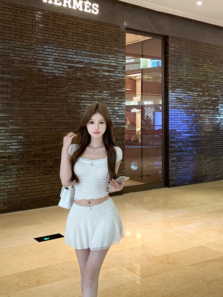 Lace-Trim Crop Tee with A-Line Mini Skirt