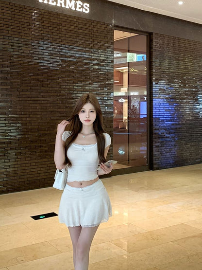 Lace-Trim Crop Tee with A-Line Mini Skirt