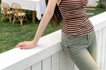 Ruched Striped Halter Neck Tank