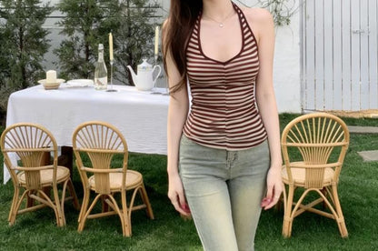 Ruched Striped Halter Neck Tank