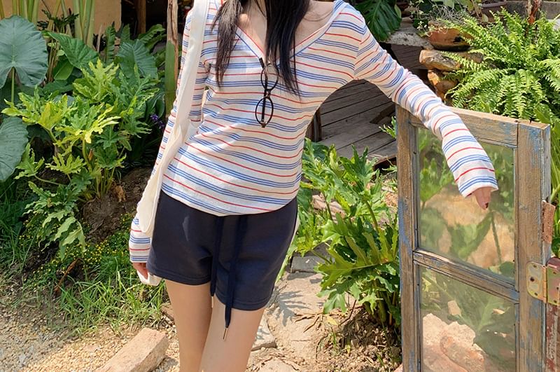 Striped V-Neck Pullover Hoodie