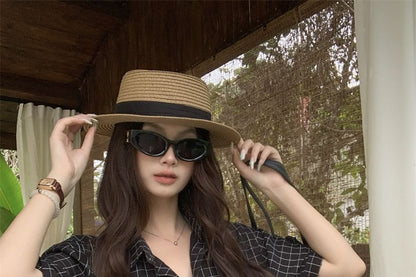 Windowpane Check Blouse with Elbow Sleeves