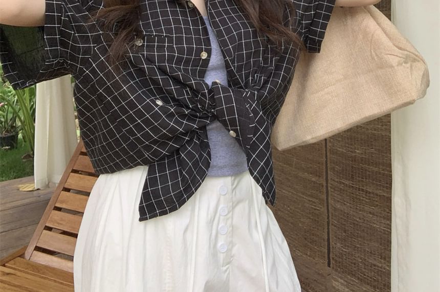 Windowpane Check Blouse with Elbow Sleeves