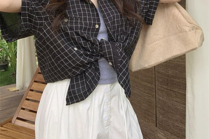Windowpane Check Blouse with Elbow Sleeves