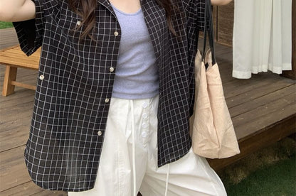 Windowpane Check Blouse with Elbow Sleeves