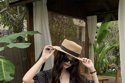 Windowpane Check Blouse with Elbow Sleeves