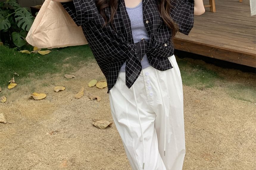 Windowpane Check Blouse with Elbow Sleeves