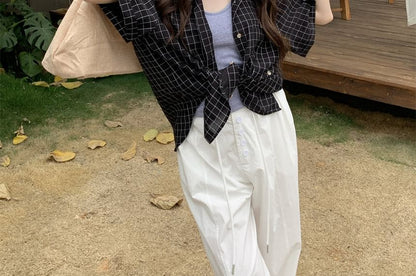 Windowpane Check Blouse with Elbow Sleeves