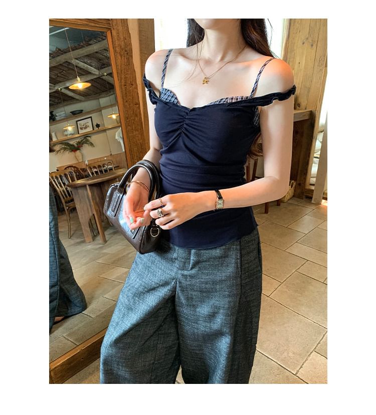 Ruched Plaid Camisole with Mock Layering