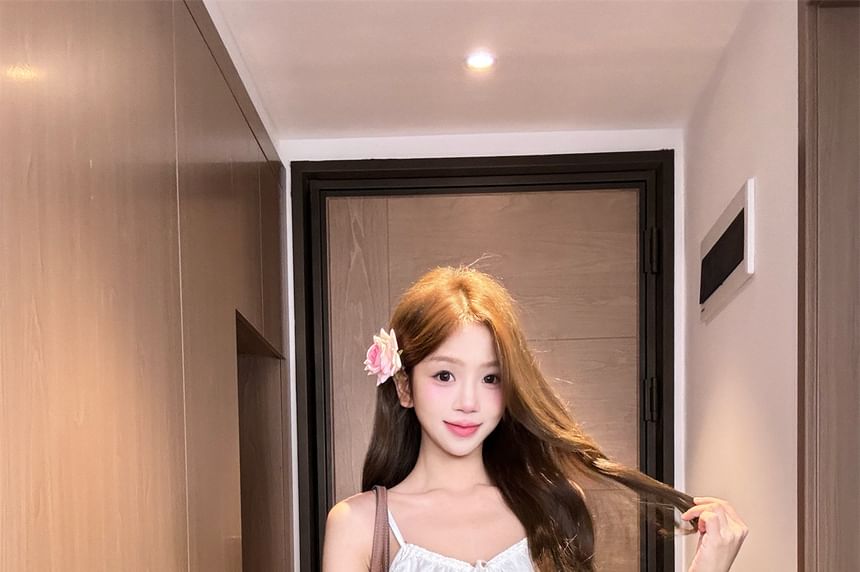 Lace-Trim Tie-Front V-Neck Crop Cami