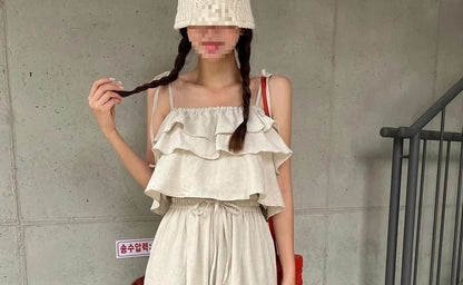 Flowy Ruffle Crop Camisole and Wide-Leg Trousers Co-ord