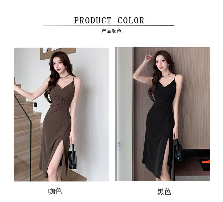 Spaghetti Strap V-Neck Plain Ruched Slit Midi Bodycon Dress