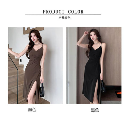 Spaghetti Strap V-Neck Plain Ruched Slit Midi Bodycon Dress