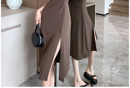 Spaghetti Strap V-Neck Plain Ruched Slit Midi Bodycon Dress