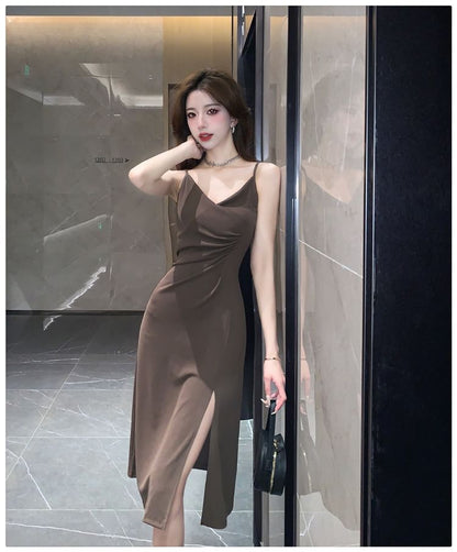 Spaghetti Strap V-Neck Plain Ruched Slit Midi Bodycon Dress