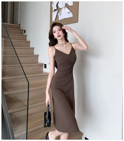Spaghetti Strap V-Neck Plain Ruched Slit Midi Bodycon Dress