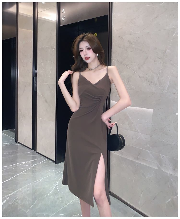 Spaghetti Strap V-Neck Plain Ruched Slit Midi Bodycon Dress