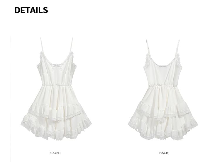 Spaghetti Strap V-Neck Plain Lace Trim Mini A-Line Dress / Collared Button-Up Denim Crop Jacket