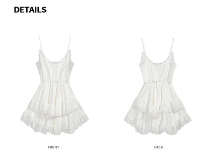 Spaghetti Strap V-Neck Plain Lace Trim Mini A-Line Dress / Collared Button-Up Denim Crop Jacket