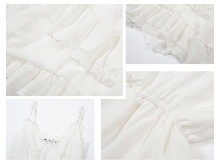Spaghetti Strap V-Neck Plain Lace Trim Mini A-Line Dress / Collared Button-Up Denim Crop Jacket